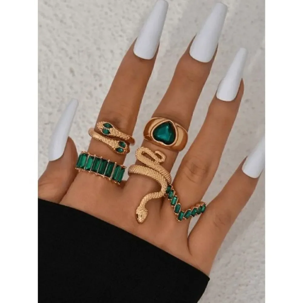 Gold Emerald Gothic Punk Snake Stackable Ring Set - 5 Piece - Picture 1 of 7